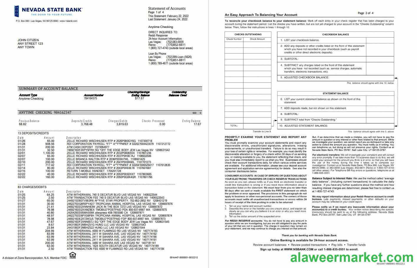 USA Nevada State Bank anytime checking 4pages